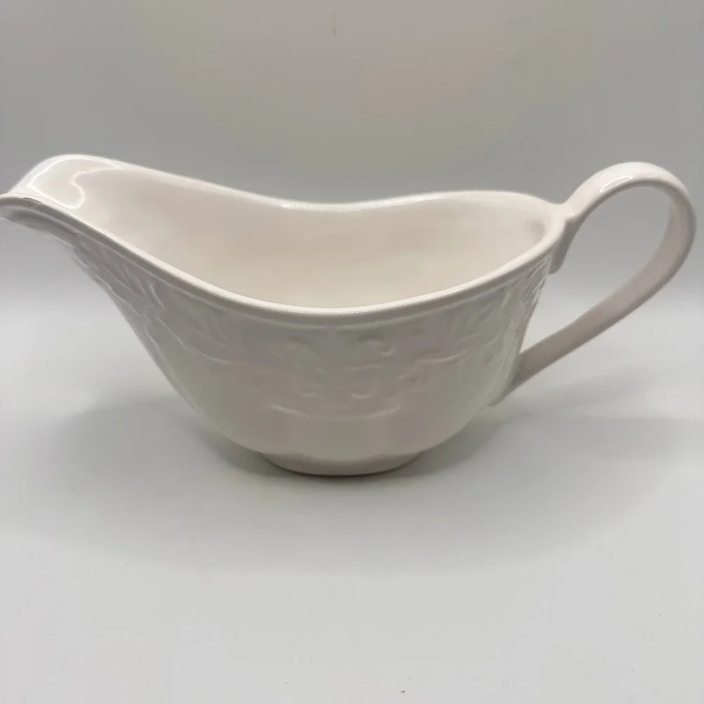 FP Fapor Portugal Home White Ceramic Gravy Boat Embossed Scroll Made in Portugal